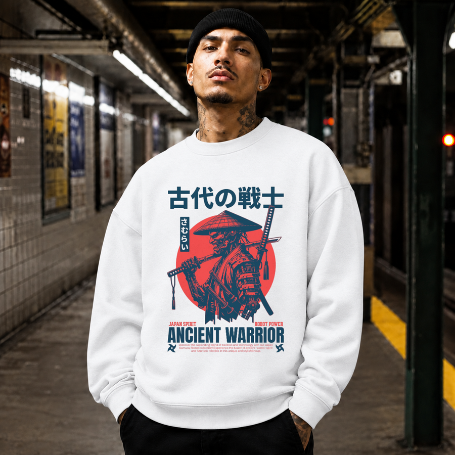 Japan Samurai Ancient Warrior Robot Anime Sweatshirt – Gothic Streetwear Poster Graphic Sweatshirt - Color: ash