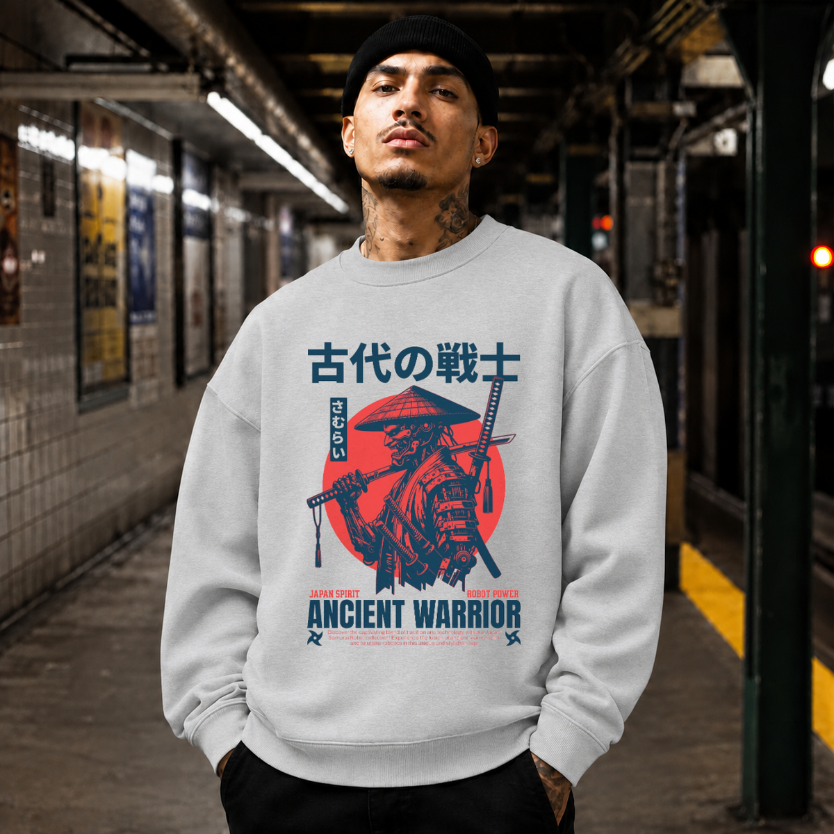 Japan Samurai Ancient Warrior Robot Anime Sweatshirt – Gothic Streetwear Poster Graphic Sweatshirt - Color: sport grey