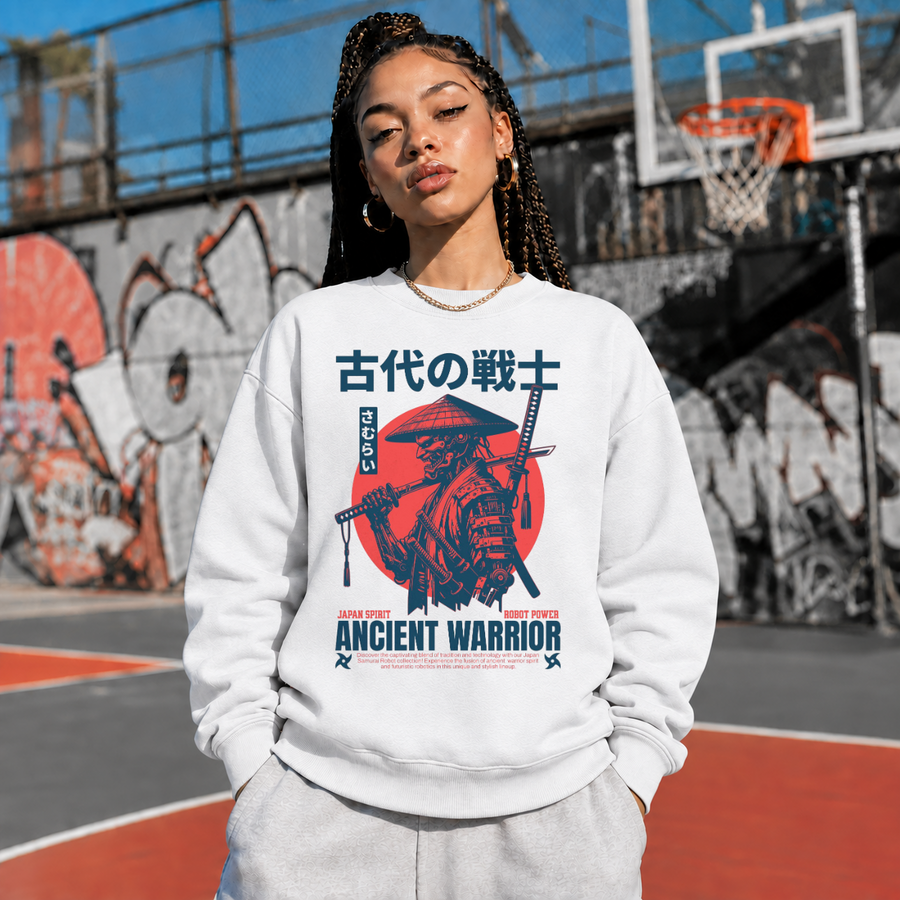 Japan Samurai Ancient Warrior Robot Anime T-Shirt – Gothic Streetwear Poster Graphic Tee - Color: ash