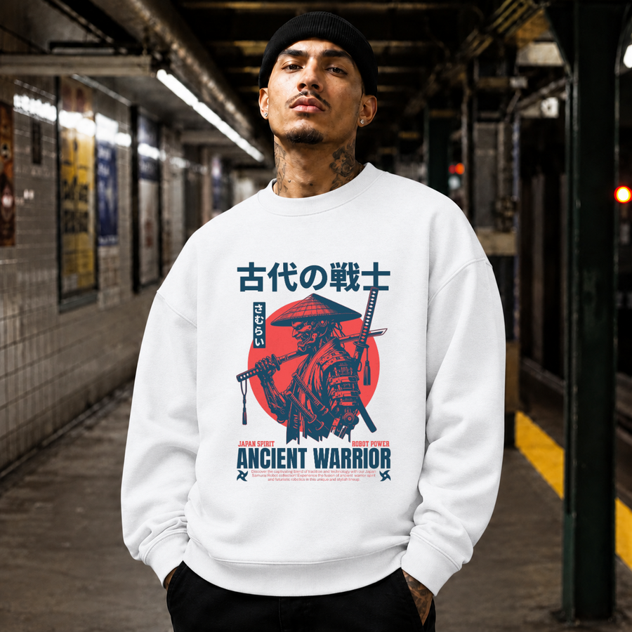 Japan Samurai Ancient Warrior Robot Anime T-Shirt – Gothic Streetwear Poster Graphic Tee - Color: ash