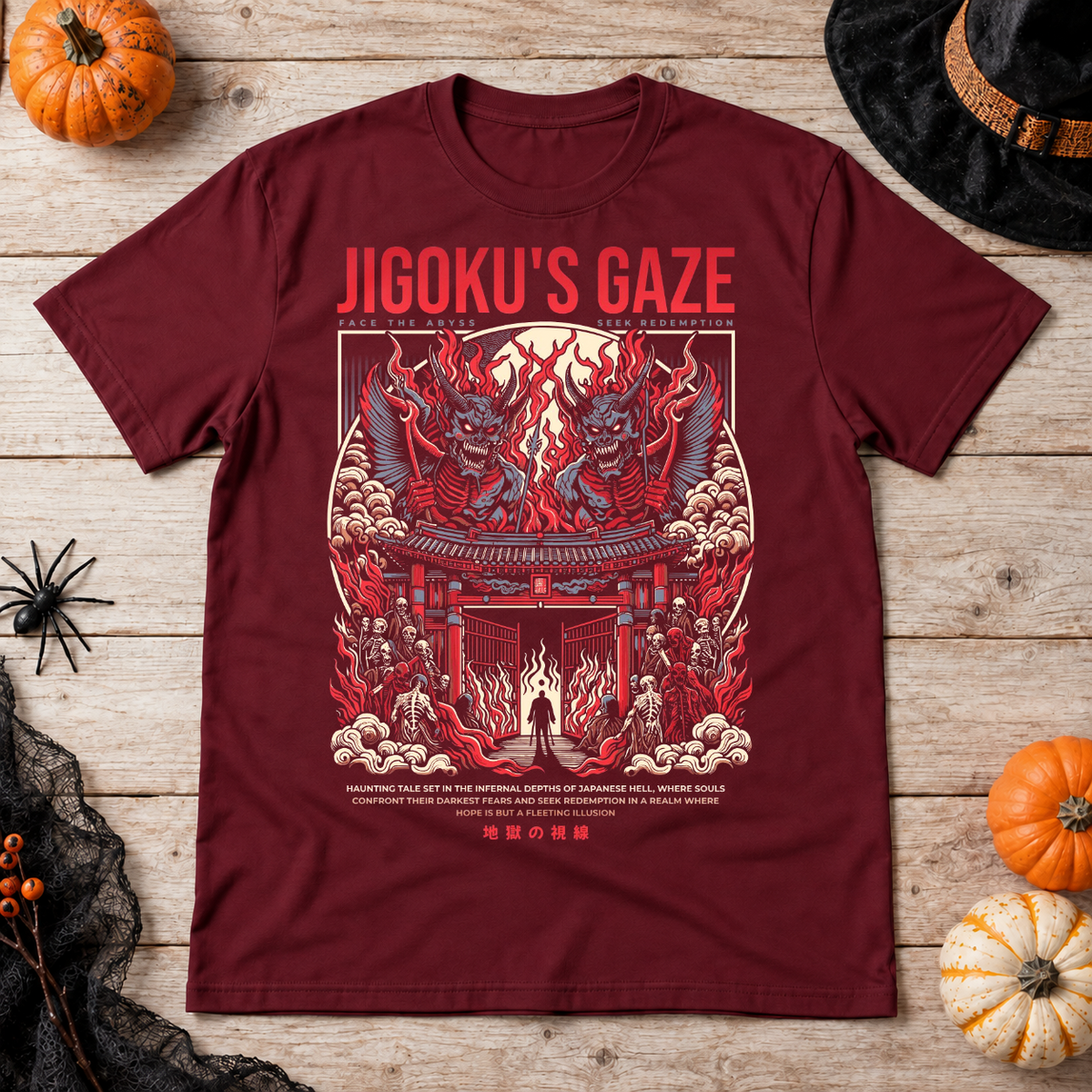 Jigoku's Gaze T-Shirt – Dark Editorial Graphic Design Graphic Tee - Color: maroon