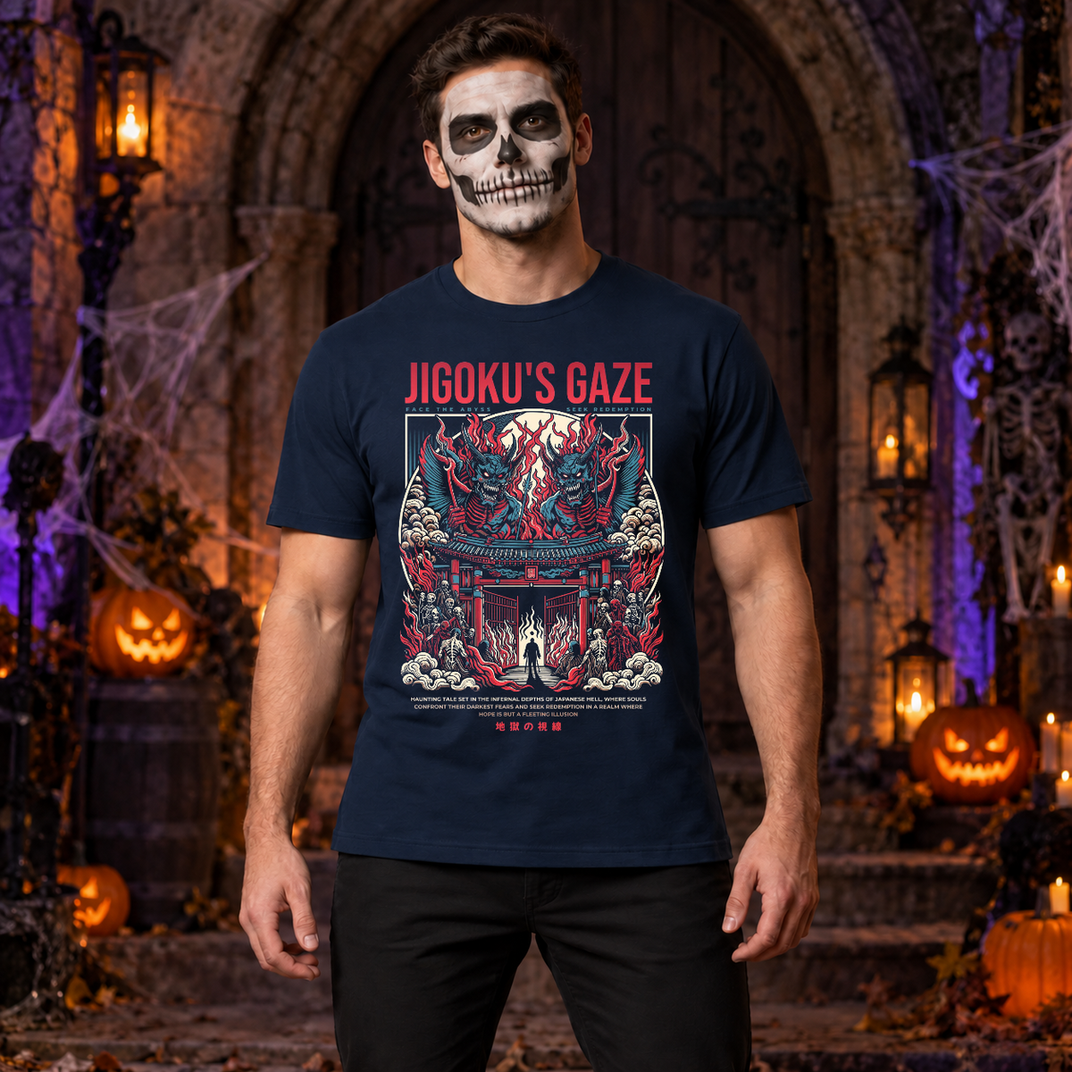 Jigoku's Gaze T-Shirt – Dark Editorial Graphic Design Graphic Tee - Color: navy