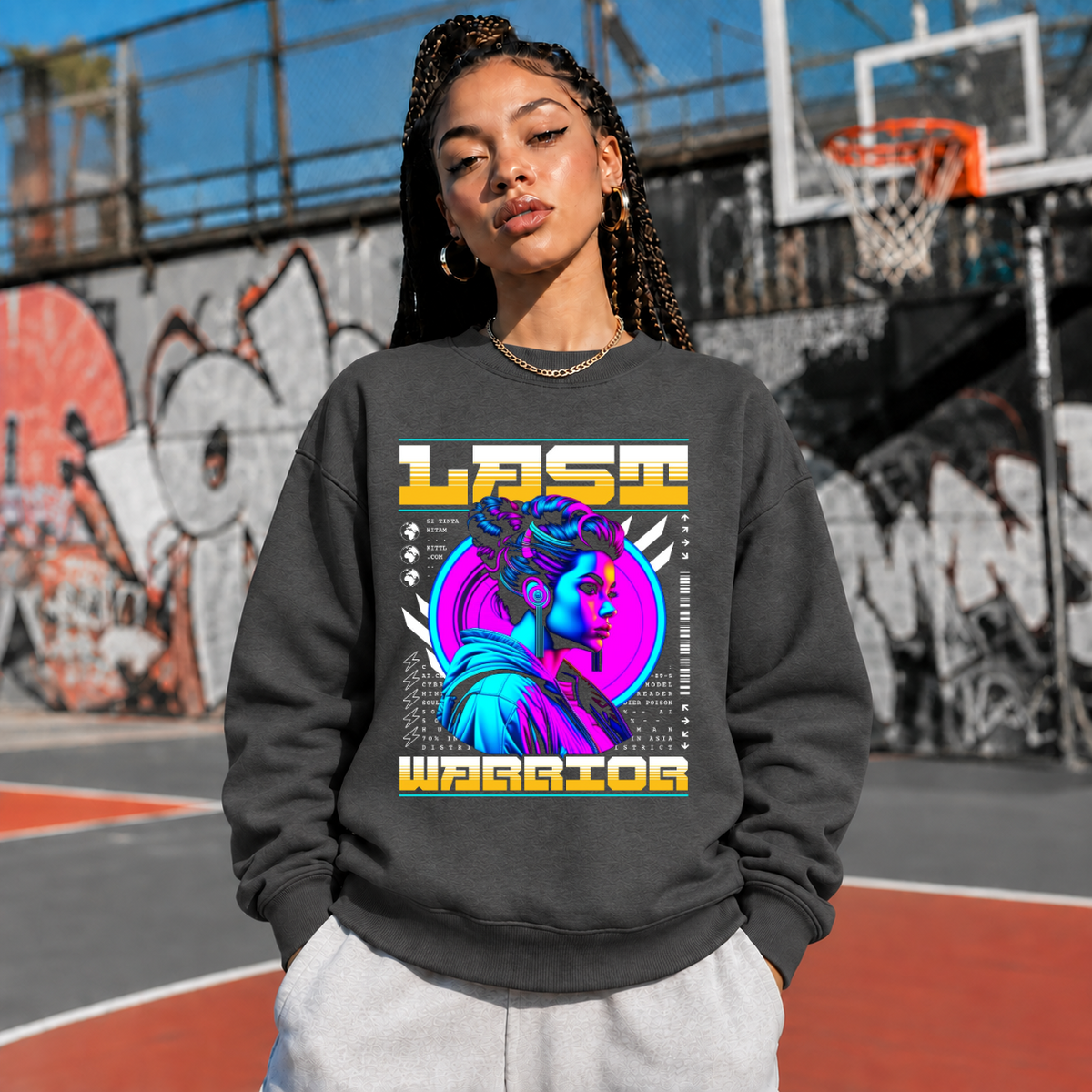 Last Warrior Cyber Girl T-Shirt – Vintage Y2K / Acid Graphic Streetwear Tee - Color: dark heather