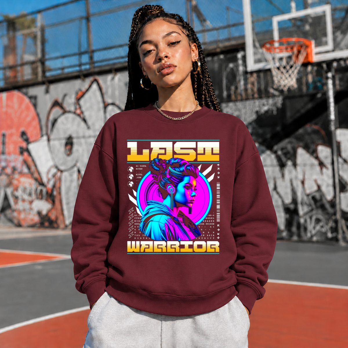 Last Warrior Cyber Girl T-Shirt – Vintage Y2K / Acid Graphic Streetwear Tee - Color: maroon