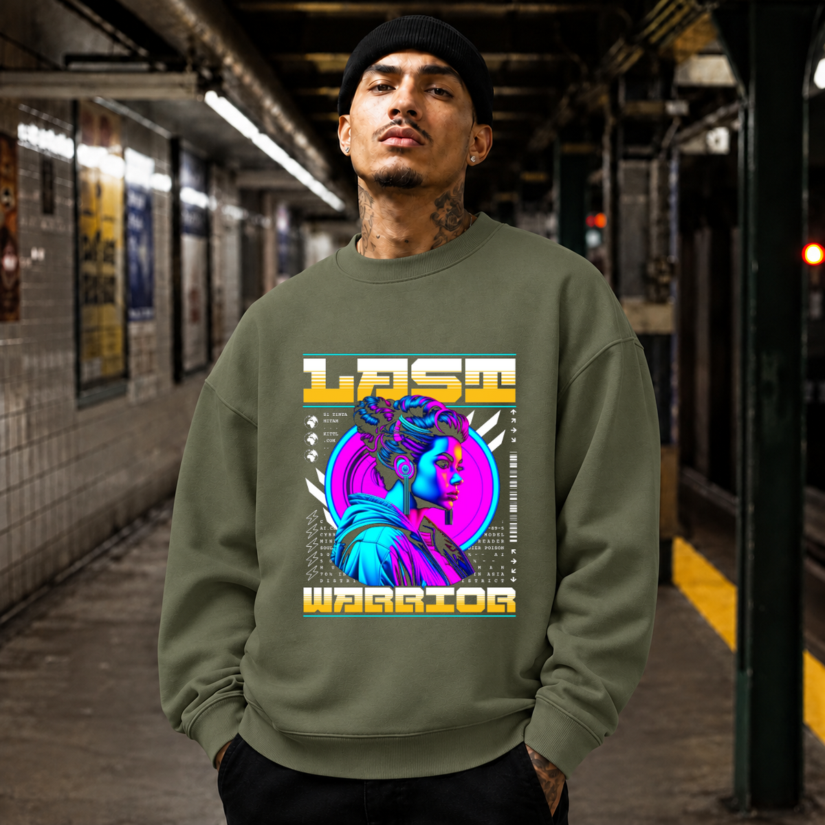Last Warrior Cyber Girl T-Shirt – Vintage Y2K / Acid Graphic Streetwear Tee - Color: military green