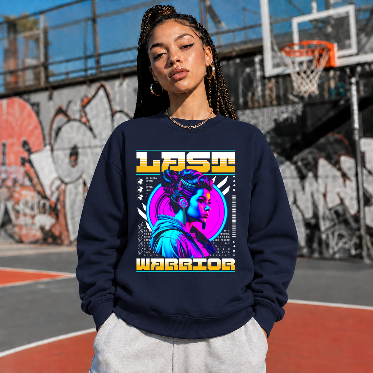 Last Warrior Cyber Girl T-Shirt – Vintage Y2K / Acid Graphic Streetwear Tee - Color: navy