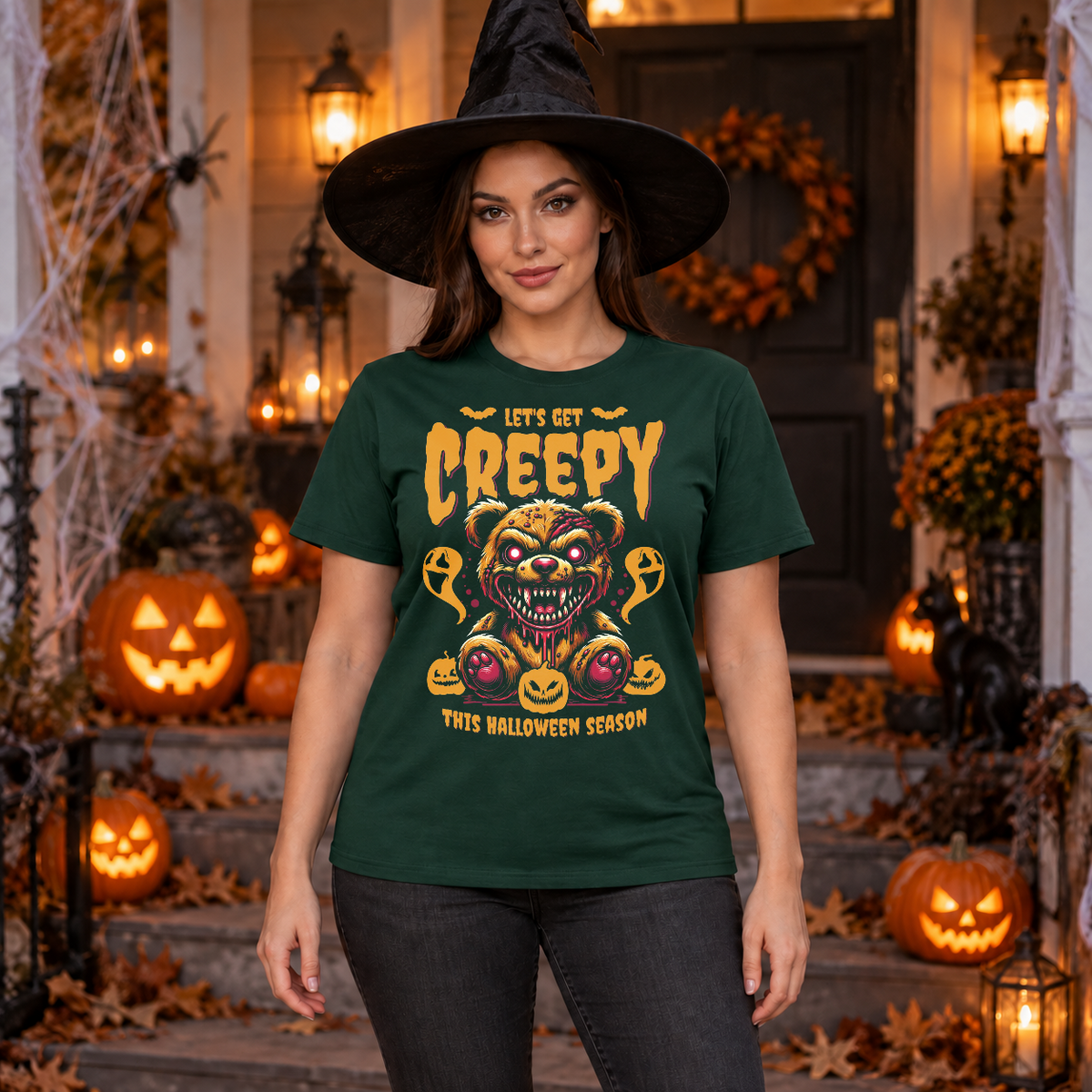 Let's Get Creepy T-Shirt – Classic Halloween Graphic Design Graphic Tee - Color: forest green