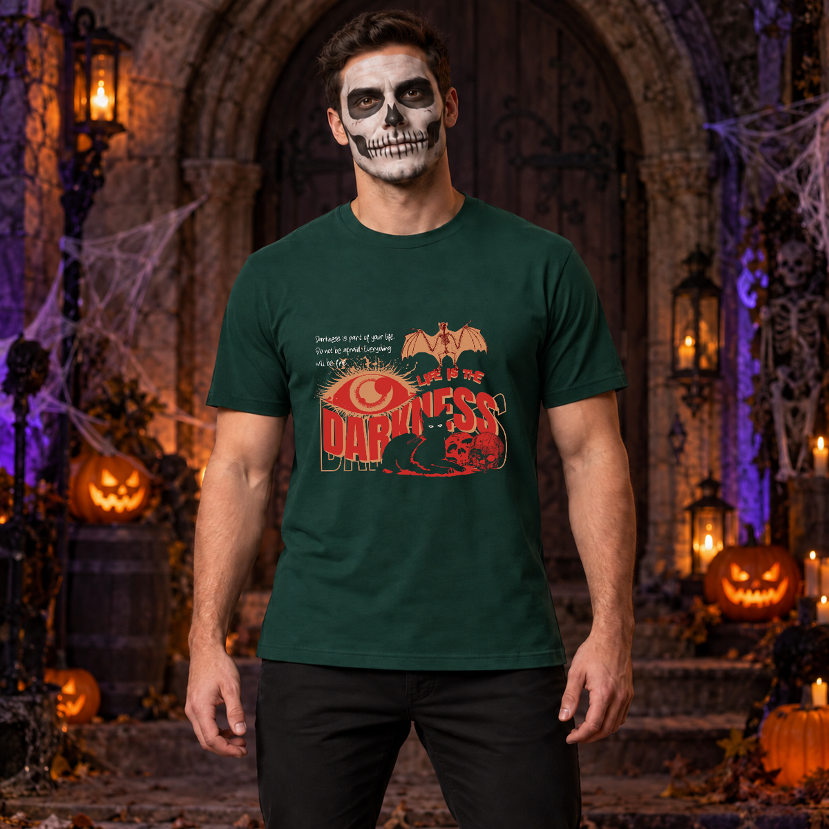 Life Is The Darkness T-Shirt – Skull & Reaper Gothic Graphic Graphic Tee - Color: forest green