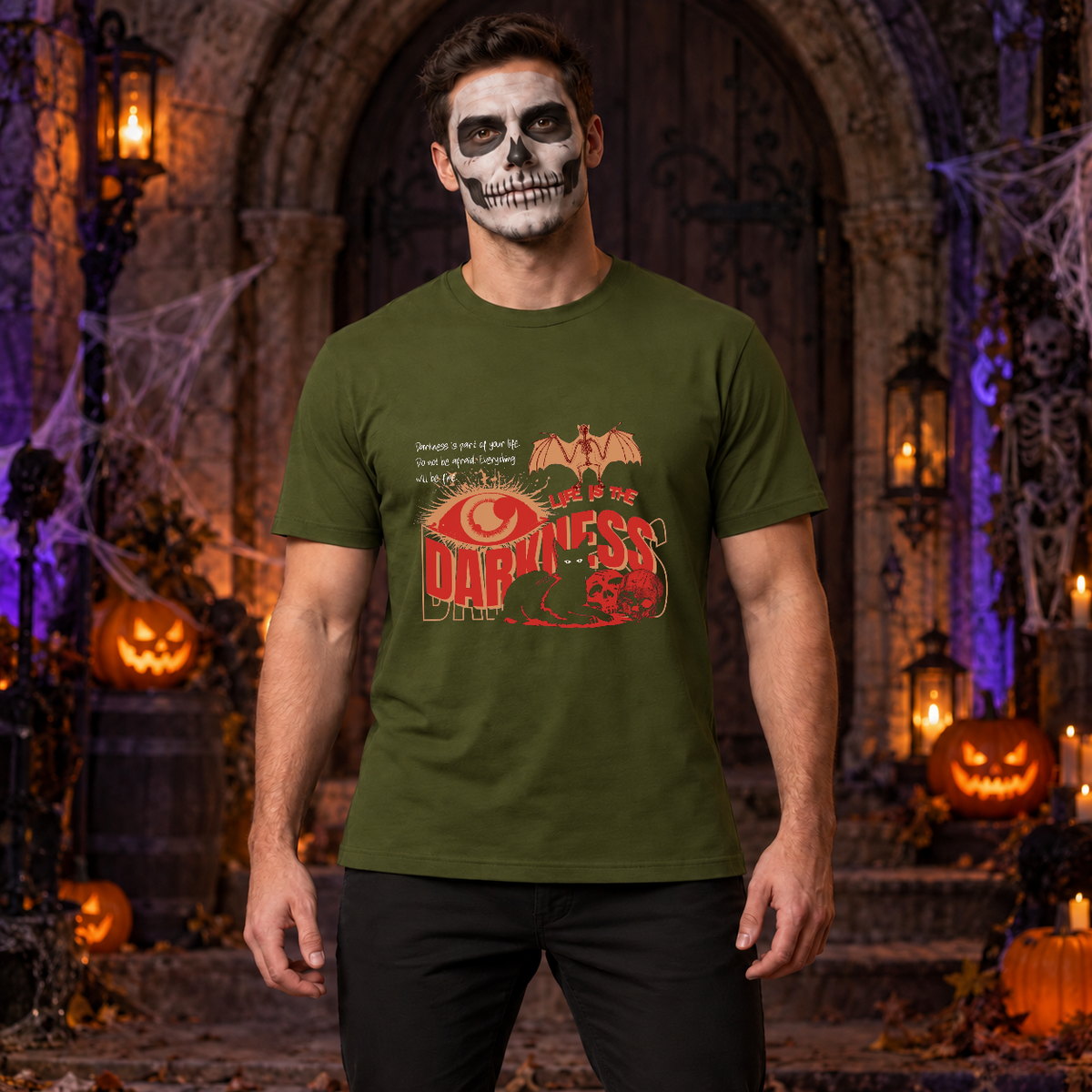 Life Is The Darkness T-Shirt – Skull & Reaper Gothic Graphic Graphic Tee - Color: military green
