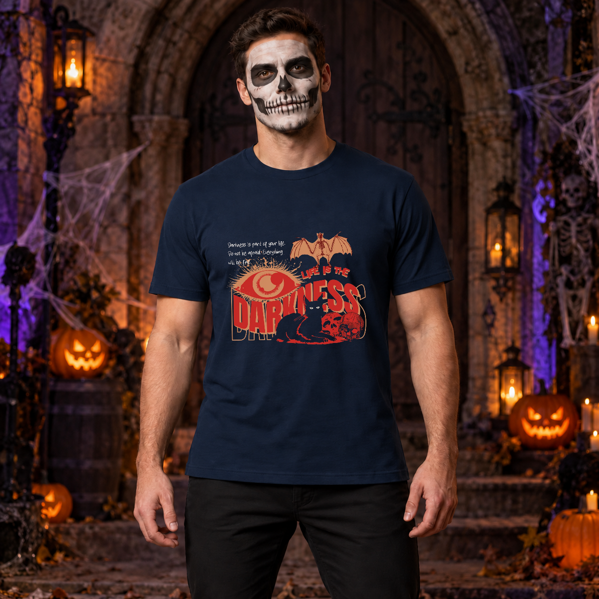 Life Is The Darkness T-Shirt – Skull & Reaper Gothic Graphic Graphic Tee - Color: navy