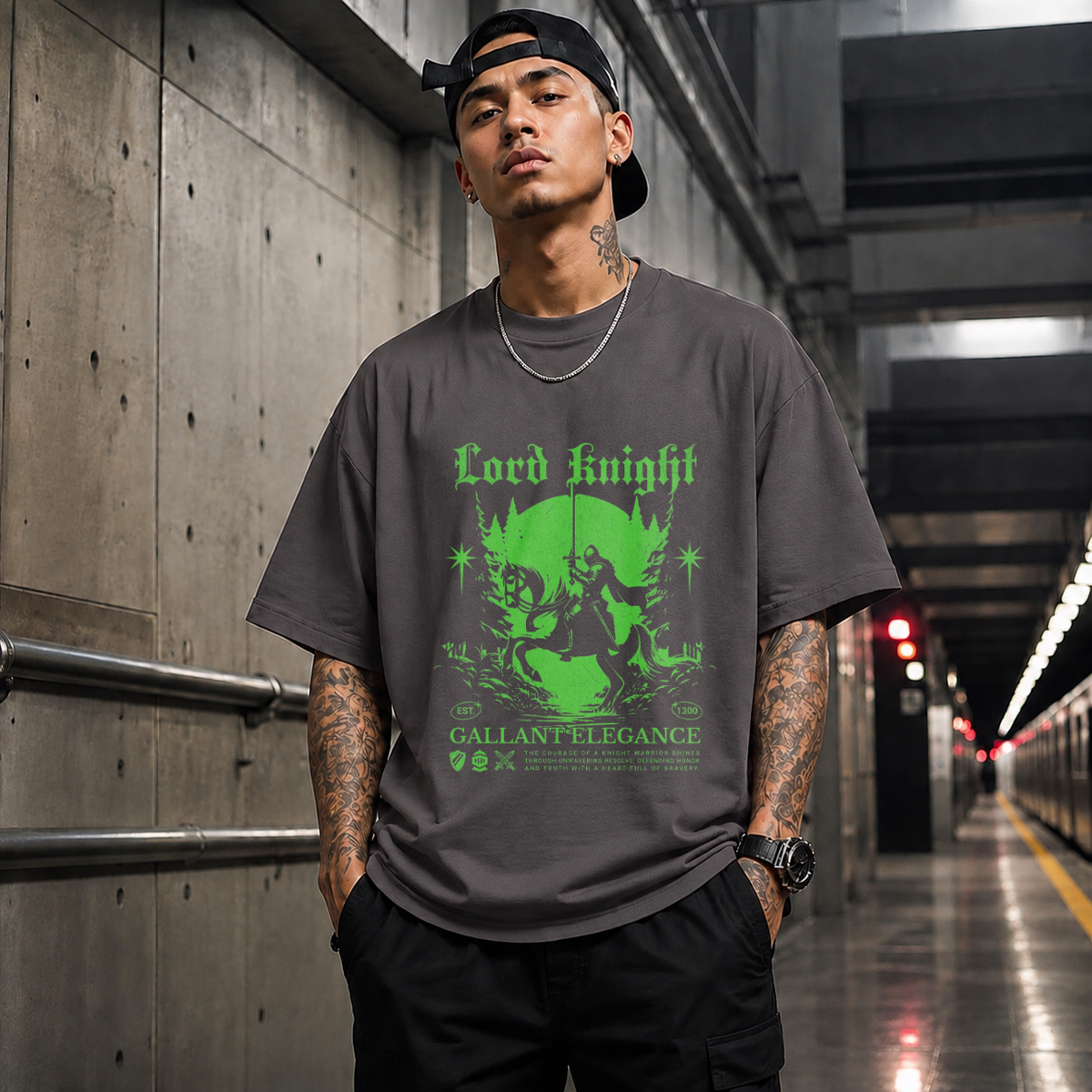 Lord Knight Gallant Elegance T-Shirt – Gothic Streetwear Poster Graphic Tee - Color: Charcoal