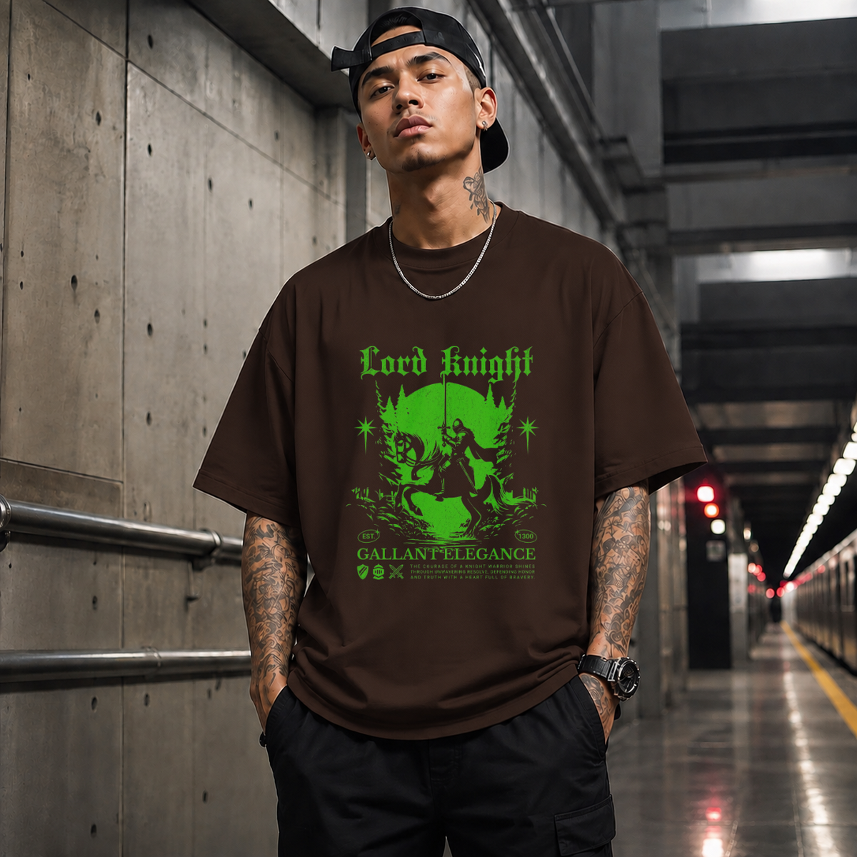 Lord Knight Gallant Elegance T-Shirt – Gothic Streetwear Poster Graphic Tee - Color: Dark Chocolate