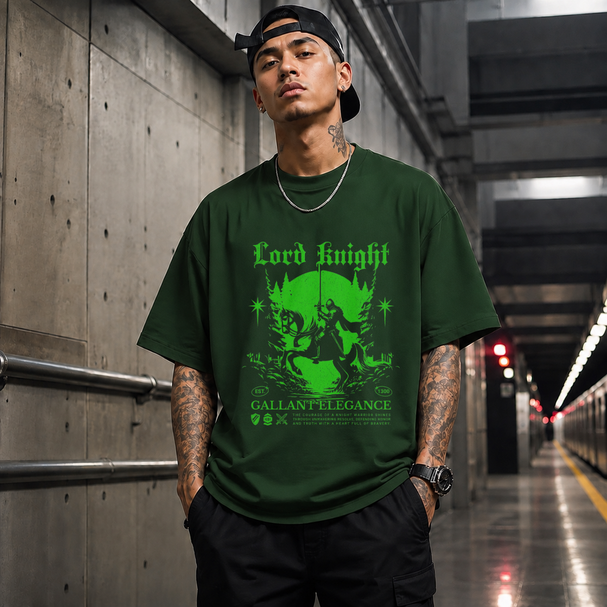 Lord Knight Gallant Elegance T-Shirt – Gothic Streetwear Poster Graphic Tee - Color: Forest Green