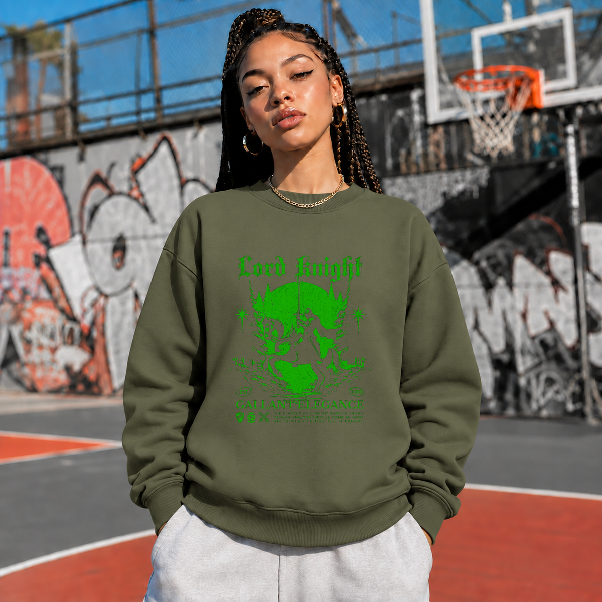 Lord Knight Gallant Elegance T-Shirt – Gothic Streetwear Poster Graphic Tee - Color: military green