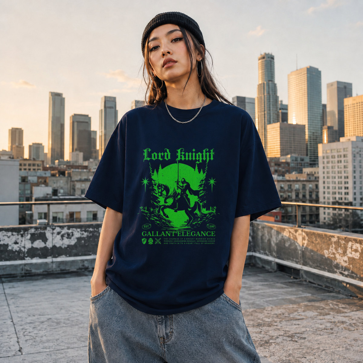 Lord Knight Gallant Elegance T-Shirt – Gothic Streetwear Poster Graphic Tee - Color: Navy