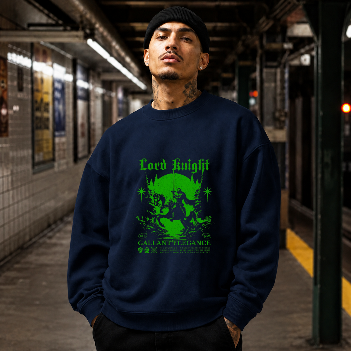 Lord Knight Gallant Elegance T-Shirt – Gothic Streetwear Poster Graphic Tee - Color: navy