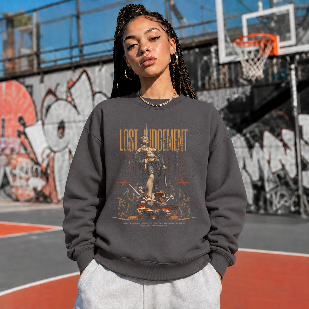 Lost Judgement Warrior Sweatshirt – Dark Editorial / Gothic Streetwear Sweatshirt - Color: charcoal