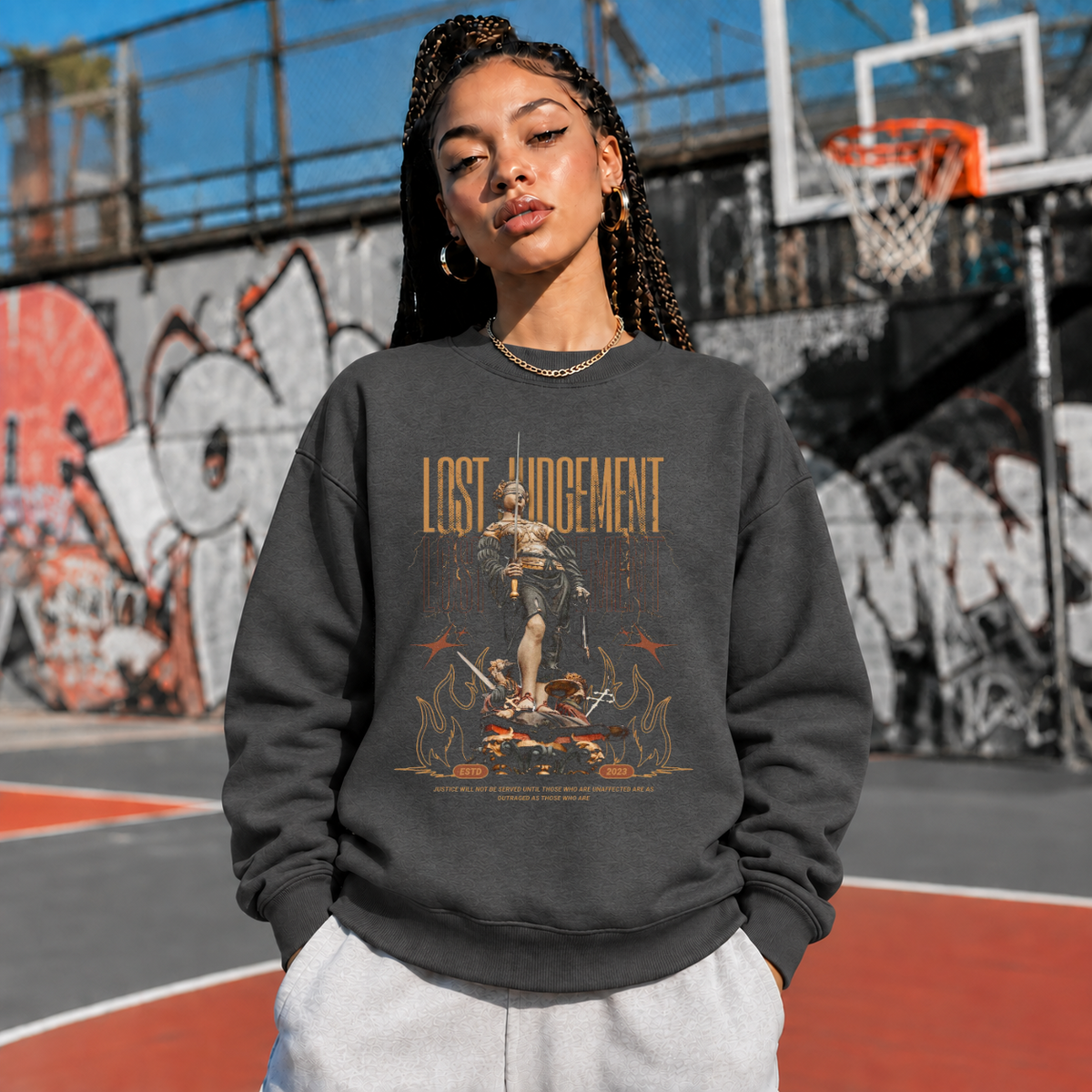 Lost Judgement Warrior Sweatshirt – Dark Editorial / Gothic Streetwear Sweatshirt - Color: dark heather