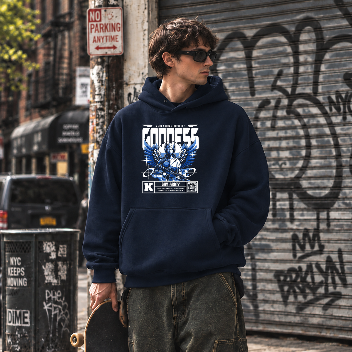 Mechanical Divinity Goddess Hoodie – Contemporary Gothic Graphic Design Hoodie - Color: navy