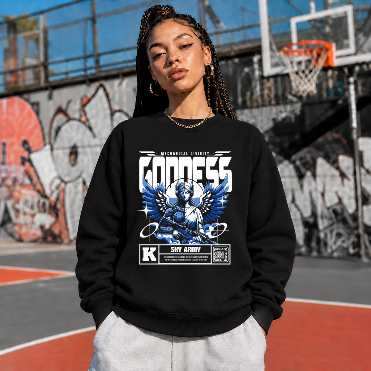 Mechanical Divinity Goddess Sweatshirt – Contemporary Gothic Graphic Design Sweatshirt - Color: black