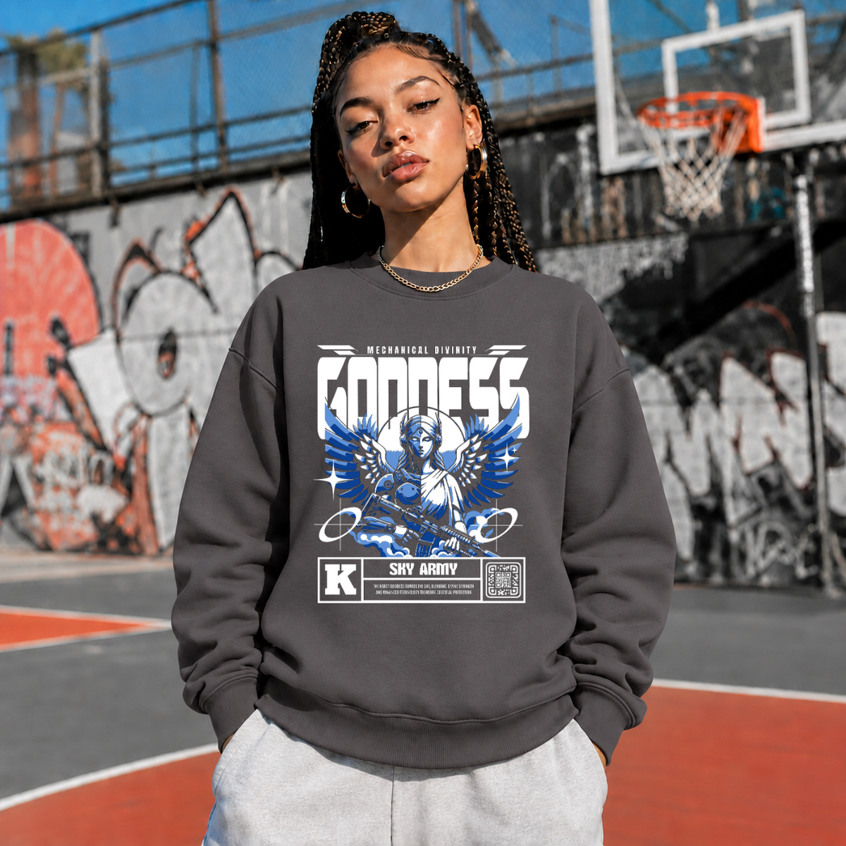 Mechanical Divinity Goddess Sweatshirt – Contemporary Gothic Graphic Design Sweatshirt - Color: charcoal