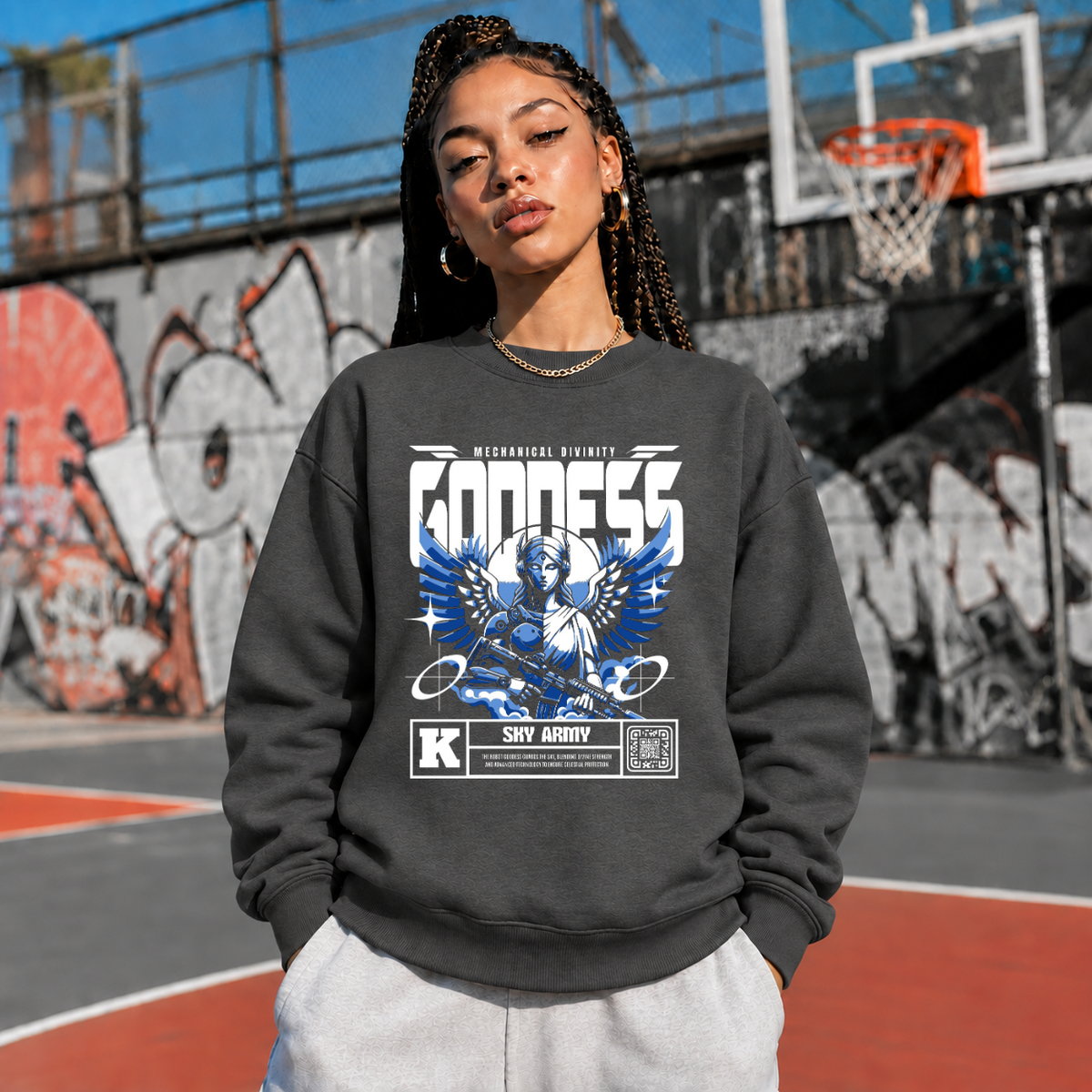 Mechanical Divinity Goddess Sweatshirt – Contemporary Gothic Graphic Design Sweatshirt - Color: dark heather