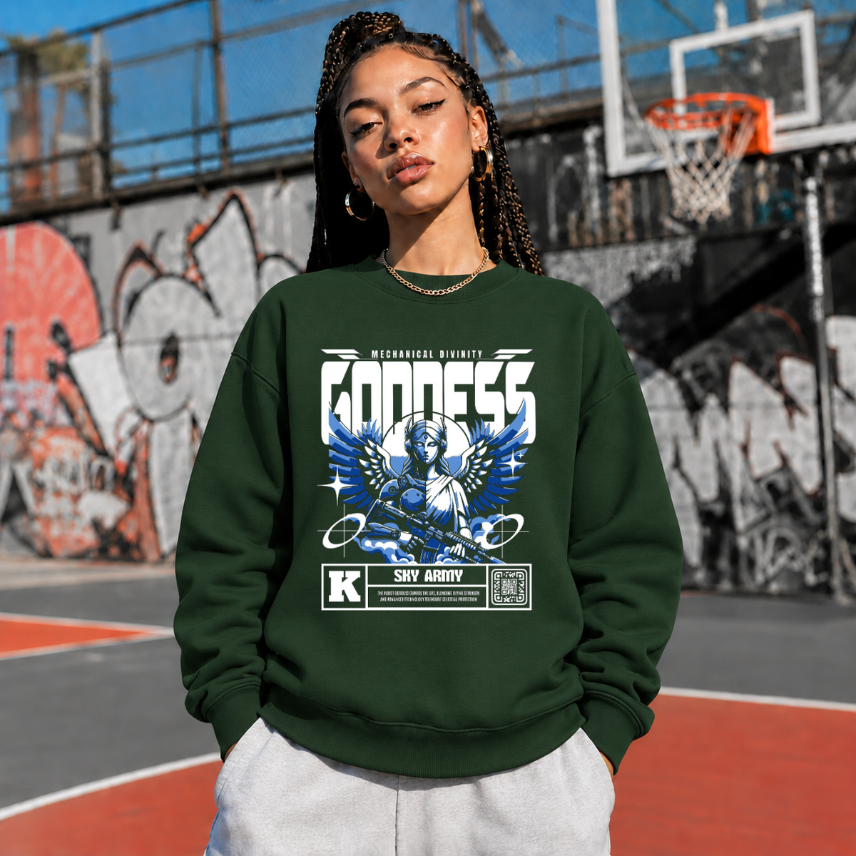 Mechanical Divinity Goddess Sweatshirt – Contemporary Gothic Graphic Design Sweatshirt - Color: forest green