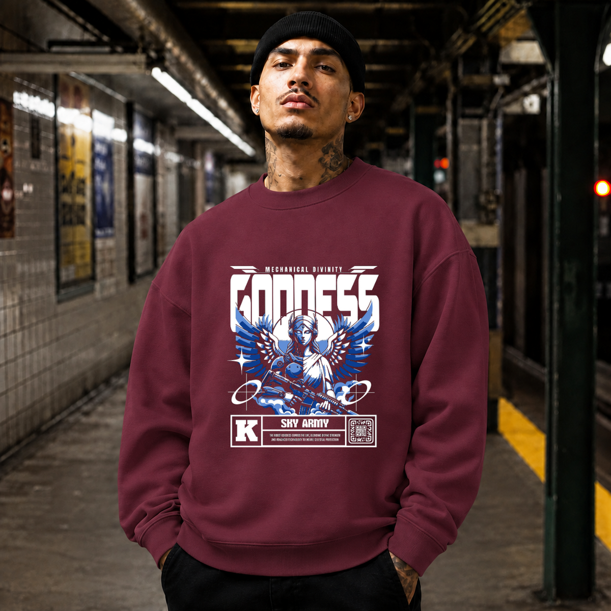 Mechanical Divinity Goddess Sweatshirt – Contemporary Gothic Graphic Design Sweatshirt - Color: maroon