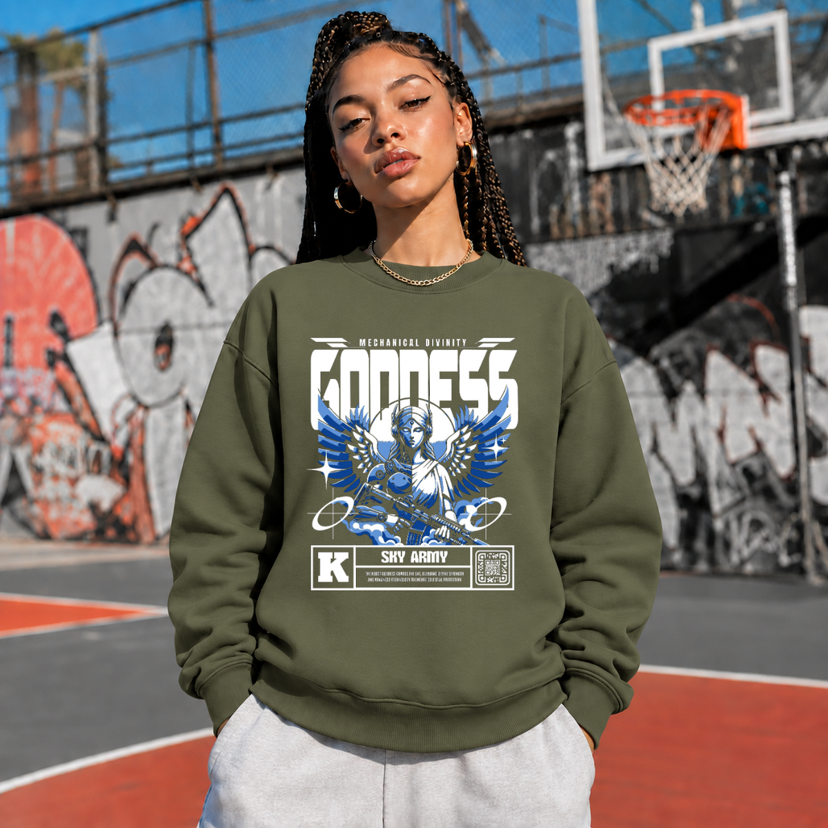 Mechanical Divinity Goddess Sweatshirt – Contemporary Gothic Graphic Design Sweatshirt - Color: military green