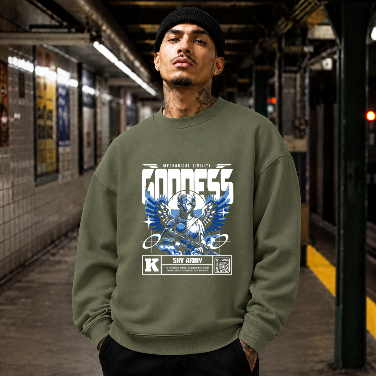 Mechanical Divinity Goddess Sweatshirt – Contemporary Gothic Graphic Design Sweatshirt - Color: military green
