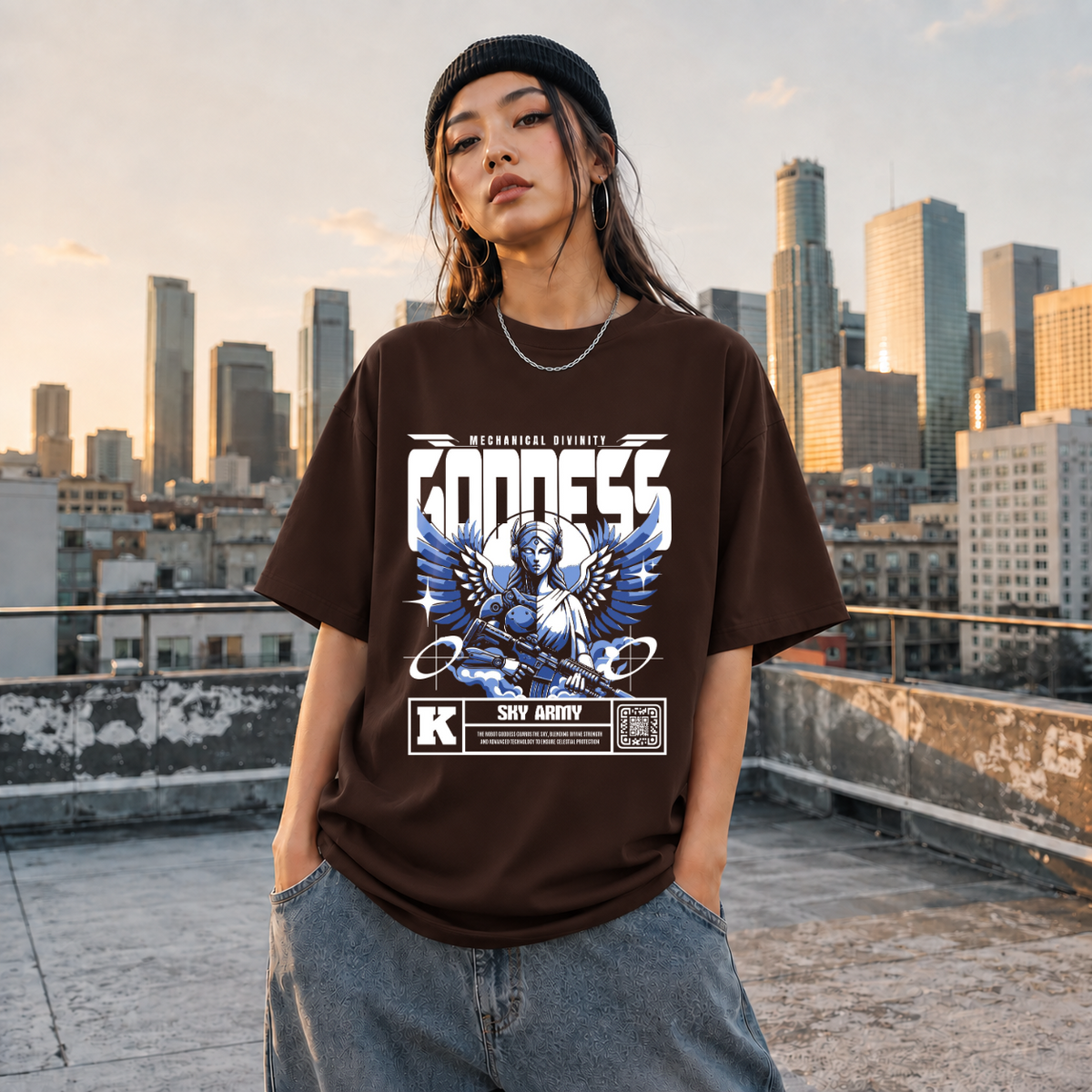 Mechanical Divinity Goddess T-Shirt – Contemporary Gothic Graphic Design Tee - Color: Dark Chocolate