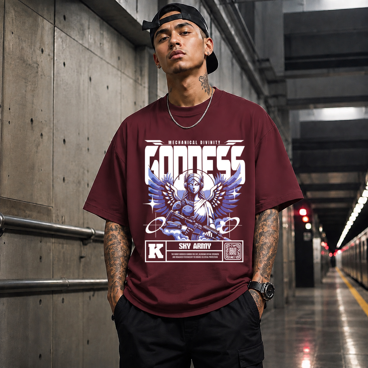 Mechanical Divinity Goddess T-Shirt – Contemporary Gothic Graphic Design Tee - Color: Maroon