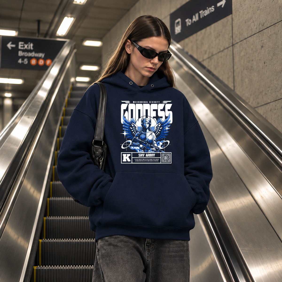 Mechanical Divinity Goddess T-Shirt – Contemporary Gothic Graphic Design Tee - Color: navy