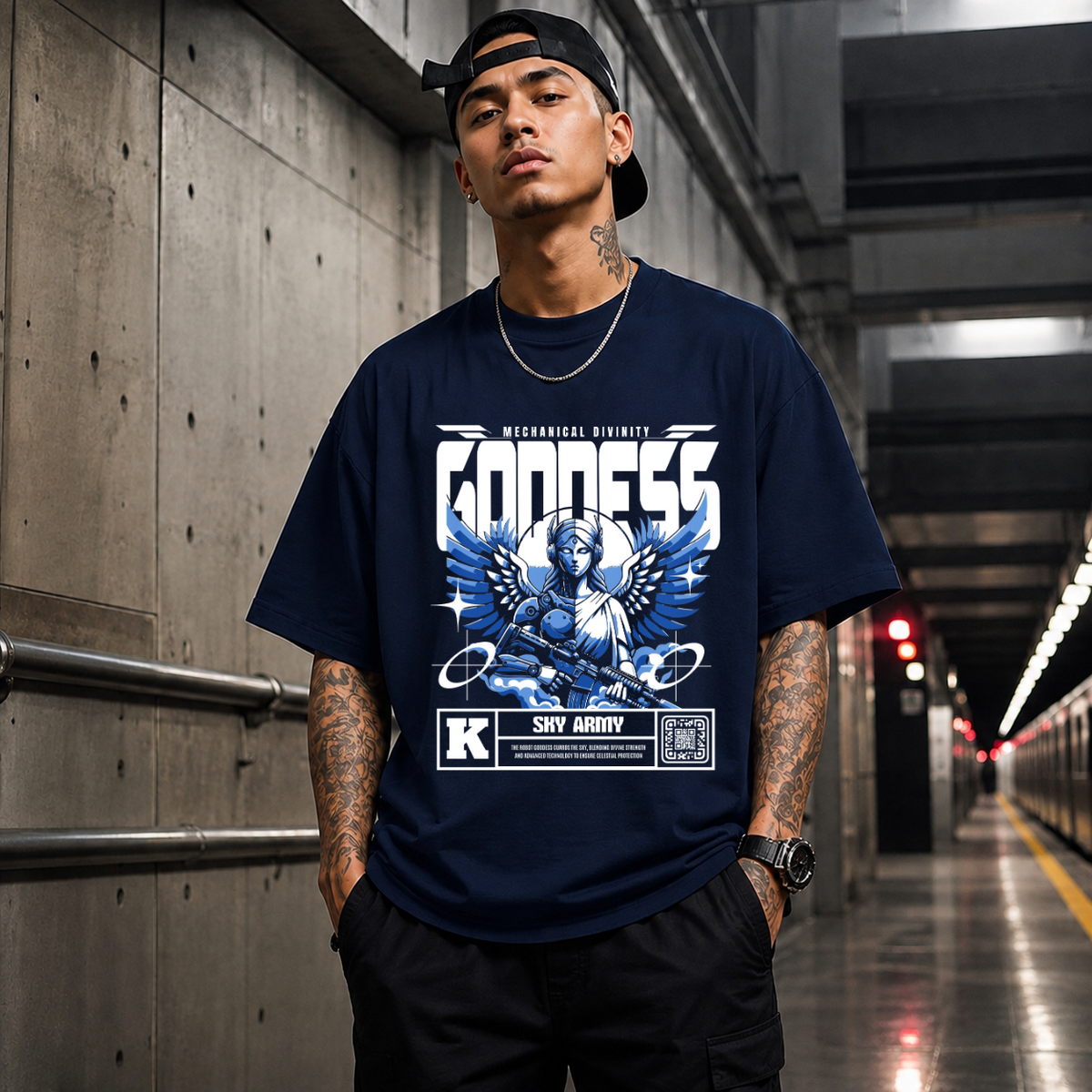 Mechanical Divinity Goddess T-Shirt – Contemporary Gothic Graphic Design Tee - Color: Navy