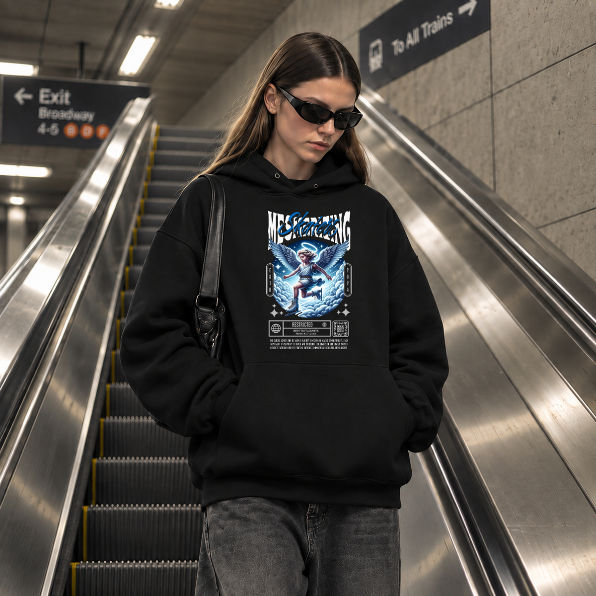 Mesmerizing Skaters Angel Clouds Hoodie – Vintage Y2K / Acid Graphic Streetwear Hoodie - Color: black