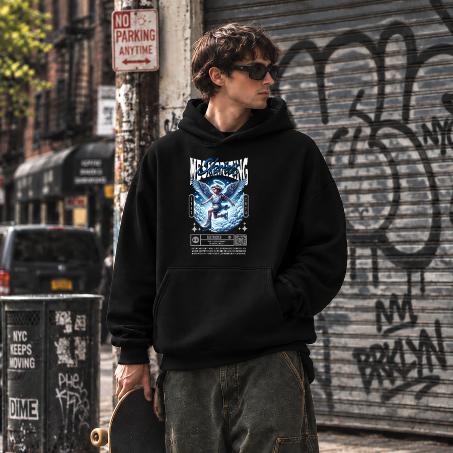 Mesmerizing Skaters Angel Clouds Hoodie – Vintage Y2K / Acid Graphic Streetwear Hoodie - Color: black