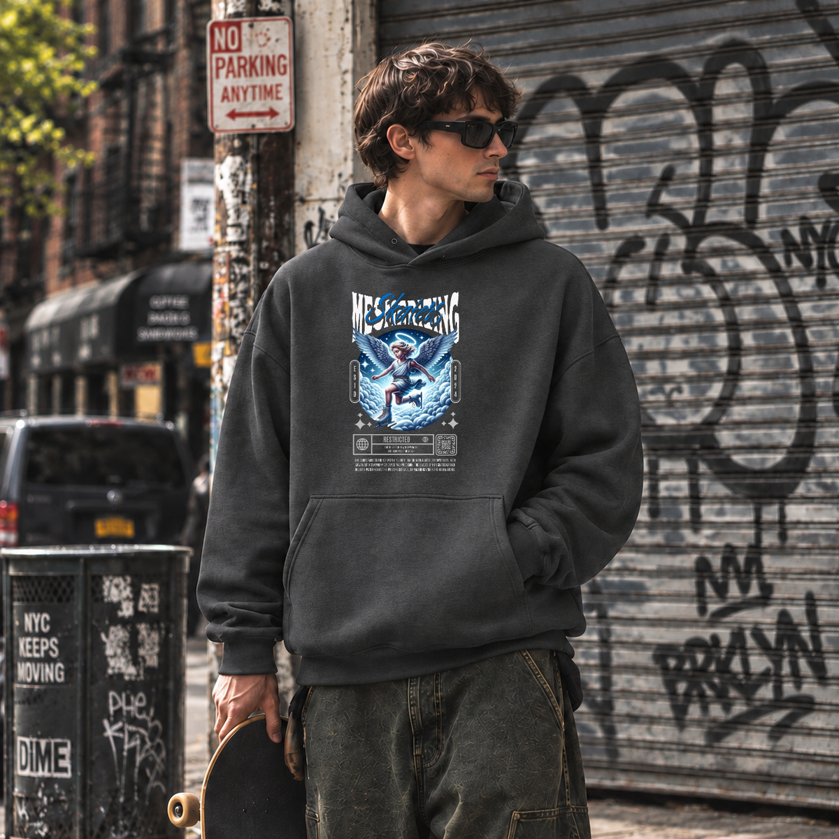 Mesmerizing Skaters Angel Clouds Hoodie – Vintage Y2K / Acid Graphic Streetwear Hoodie - Color: dark heather