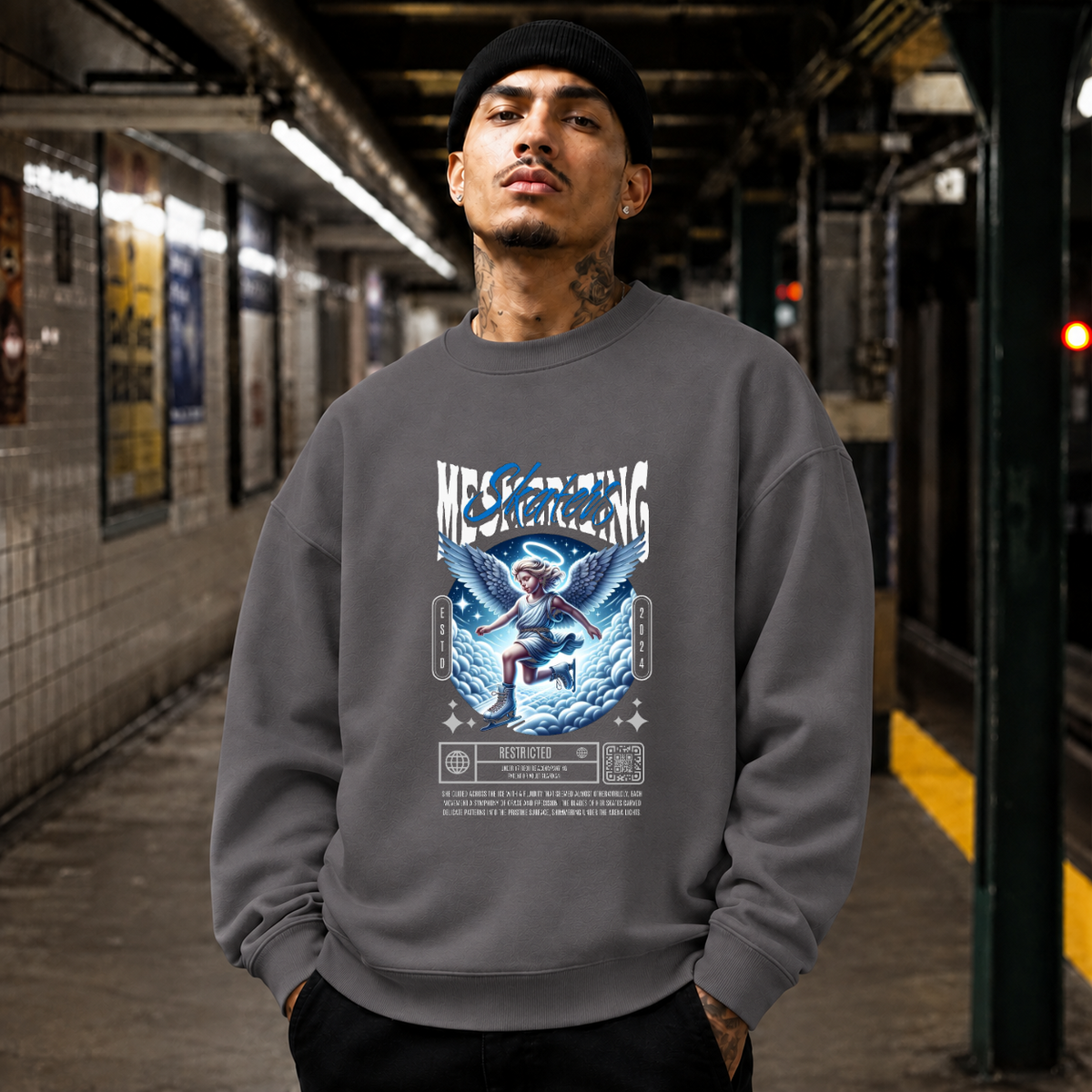 Mesmerizing Skaters Angel Clouds T-Shirt – Vintage Y2K / Acid Graphic Streetwear Tee - Color: charcoal
