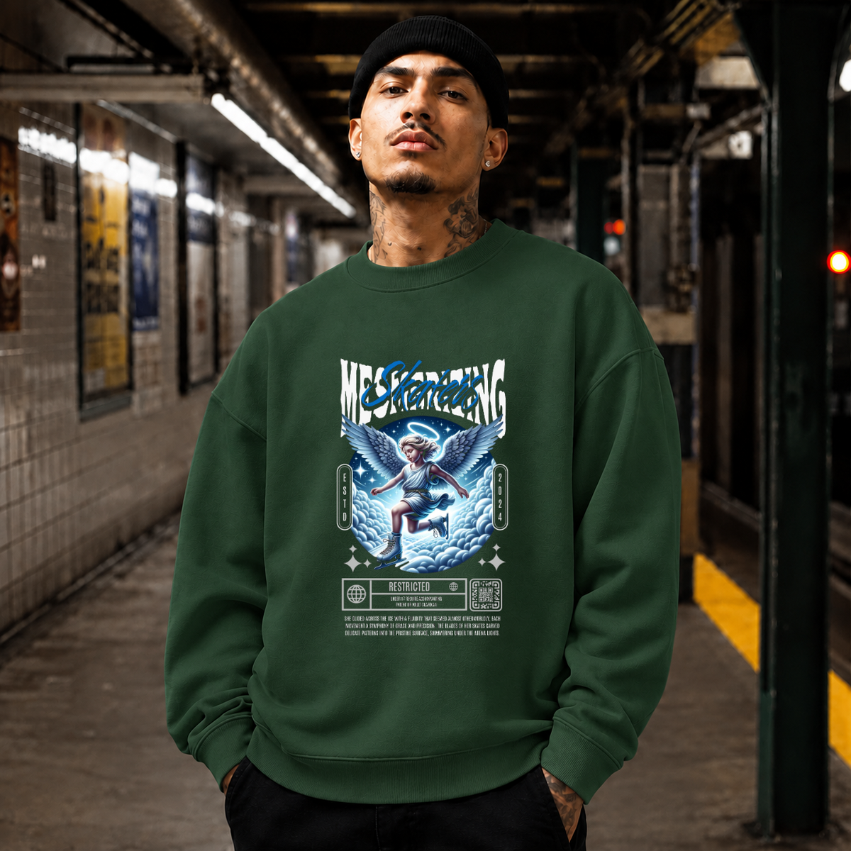 Mesmerizing Skaters Angel Clouds T-Shirt – Vintage Y2K / Acid Graphic Streetwear Tee - Color: forest green