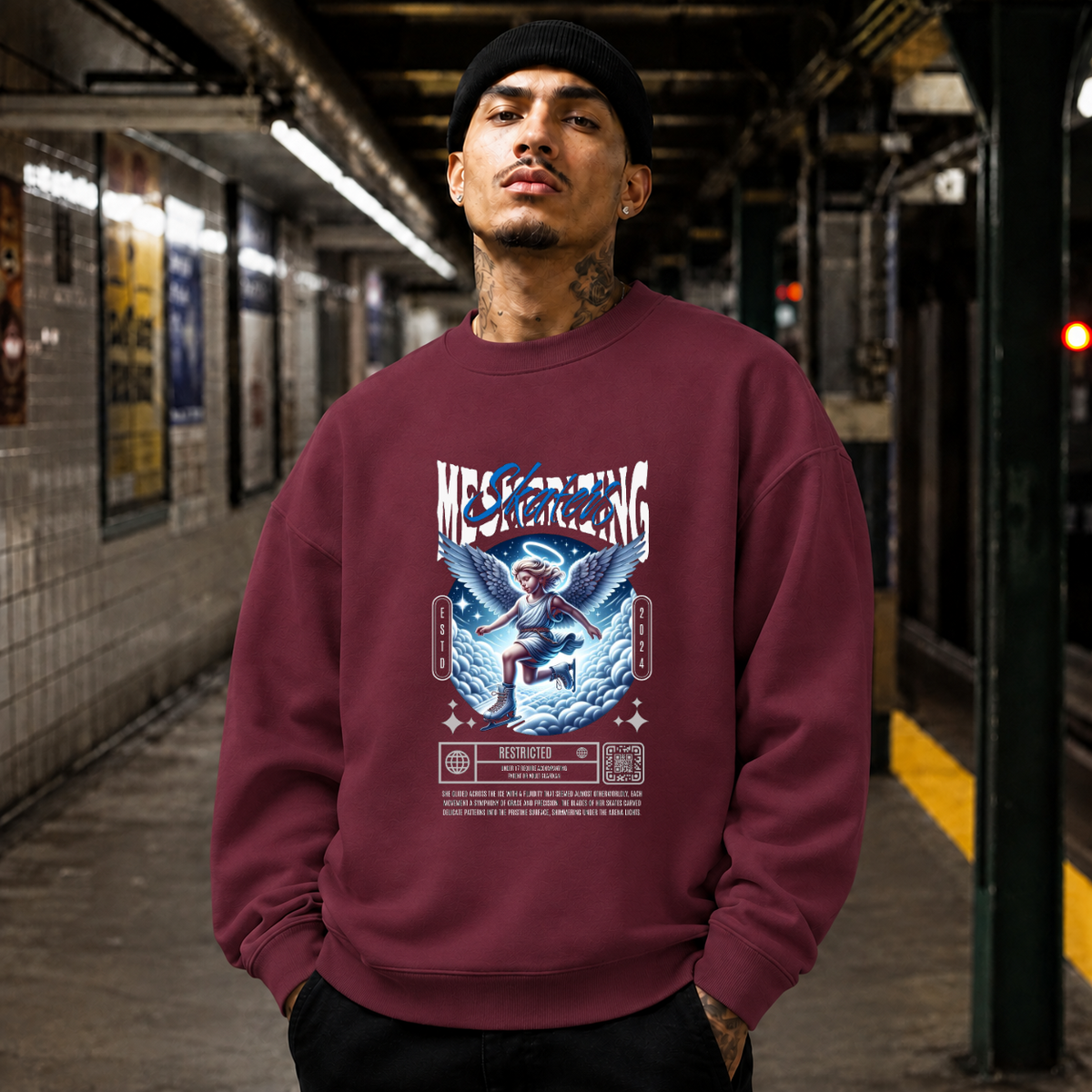 Mesmerizing Skaters Angel Clouds T-Shirt – Vintage Y2K / Acid Graphic Streetwear Tee - Color: maroon