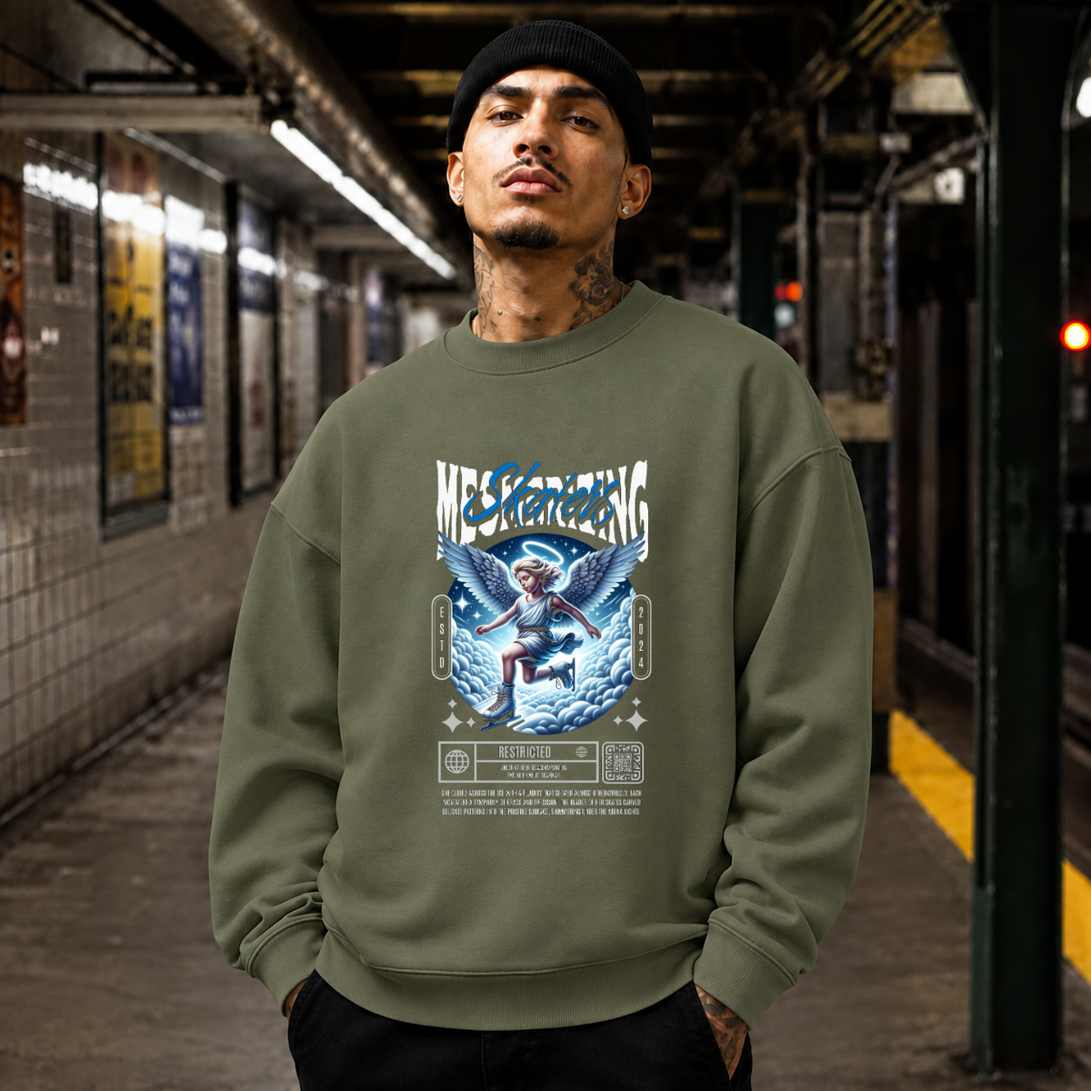 Mesmerizing Skaters Angel Clouds T-Shirt – Vintage Y2K / Acid Graphic Streetwear Tee - Color: military green