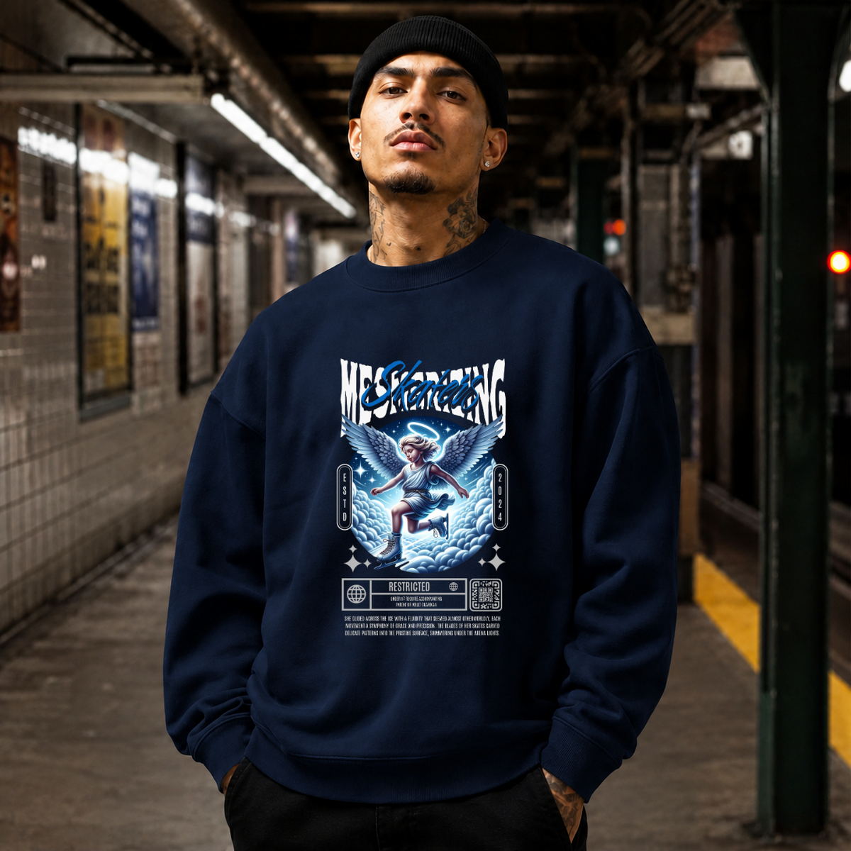 Mesmerizing Skaters Angel Clouds T-Shirt – Vintage Y2K / Acid Graphic Streetwear Tee - Color: navy