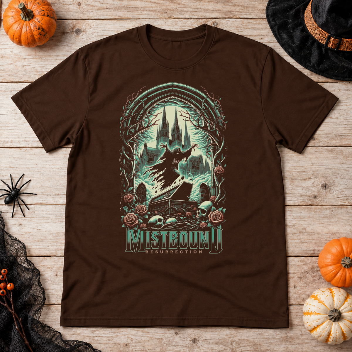 Mistbound Resurrection T-Shirt – Classic Halloween Graphic Design Graphic Tee - Color: chocolate