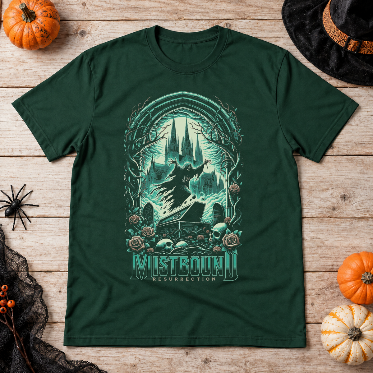 Mistbound Resurrection T-Shirt – Dark Editorial Graphic Design Graphic Tee - Color: forest green