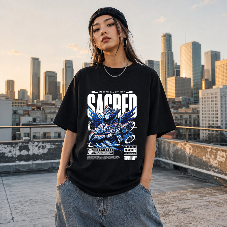 Monument Mecha Sacred Angel T-Shirt – Contemporary Gothic Graphic Design Tee - Color: Black
