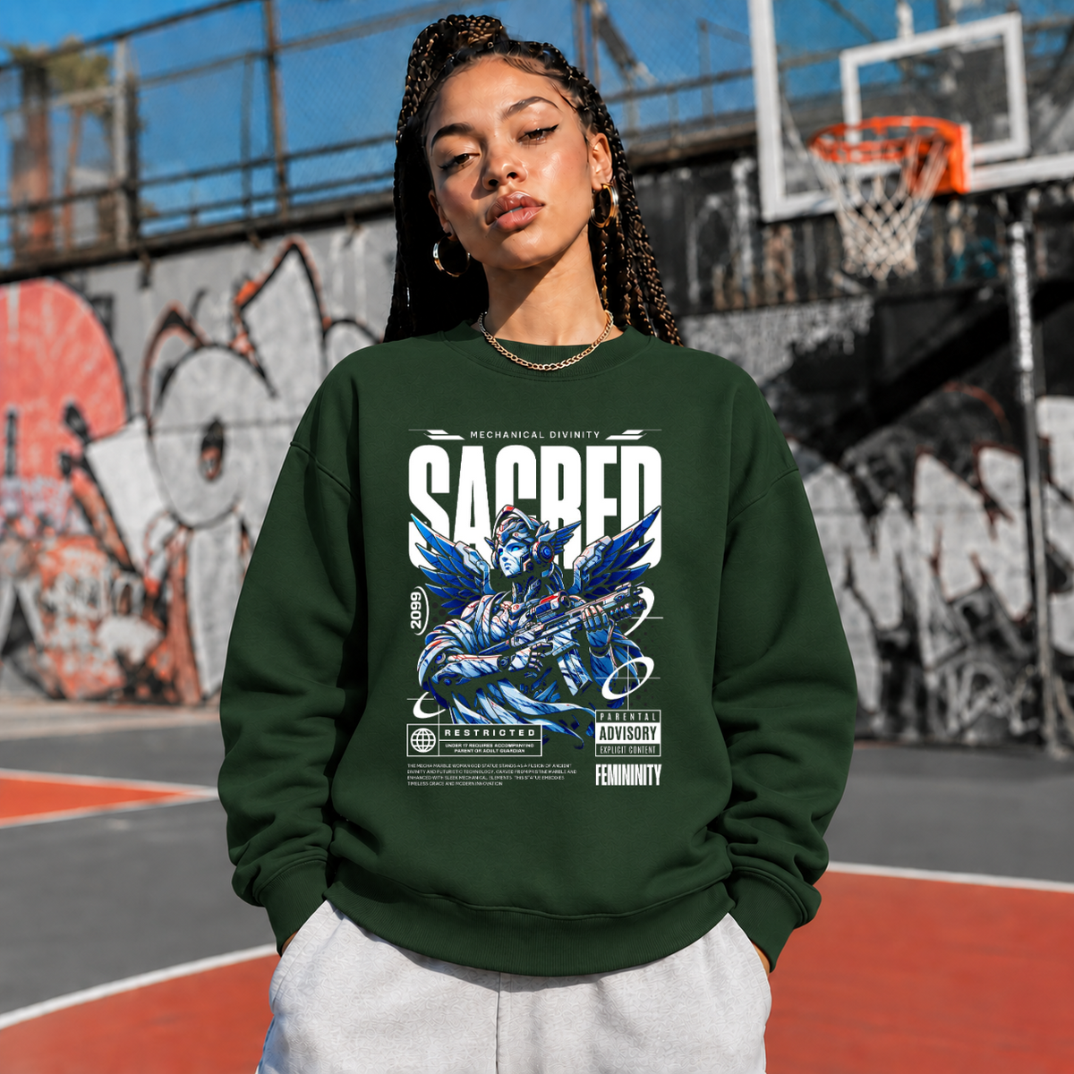 Monument Mecha Sacred Angel T-Shirt – Contemporary Gothic Graphic Design Tee - Color: forest green
