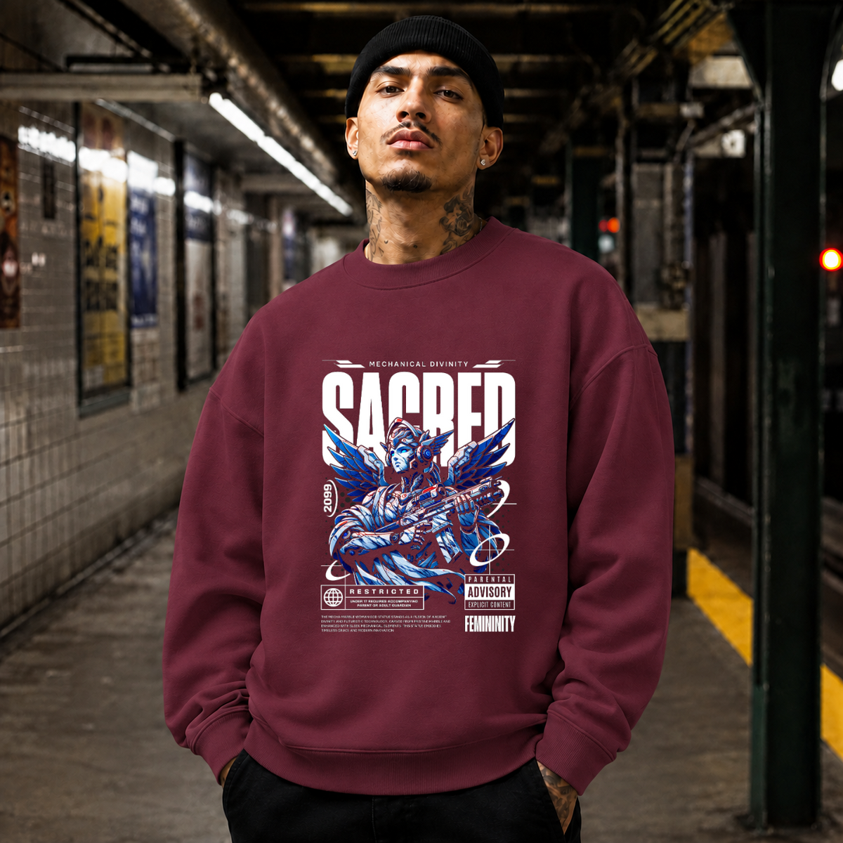 Monument Mecha Sacred Angel T-Shirt – Contemporary Gothic Graphic Design Tee - Color: maroon