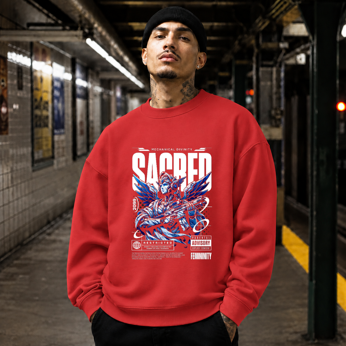 Monument Mecha Sacred Angel T-Shirt – Contemporary Gothic Graphic Design Tee - Color: red
