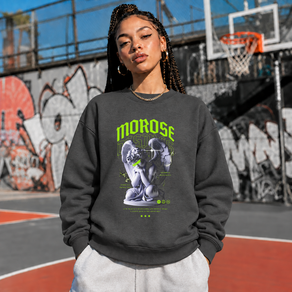 Morose Desires Statue Sweatshirt – Religious Imagery Collage Graphic Sweatshirt - Color: dark heather