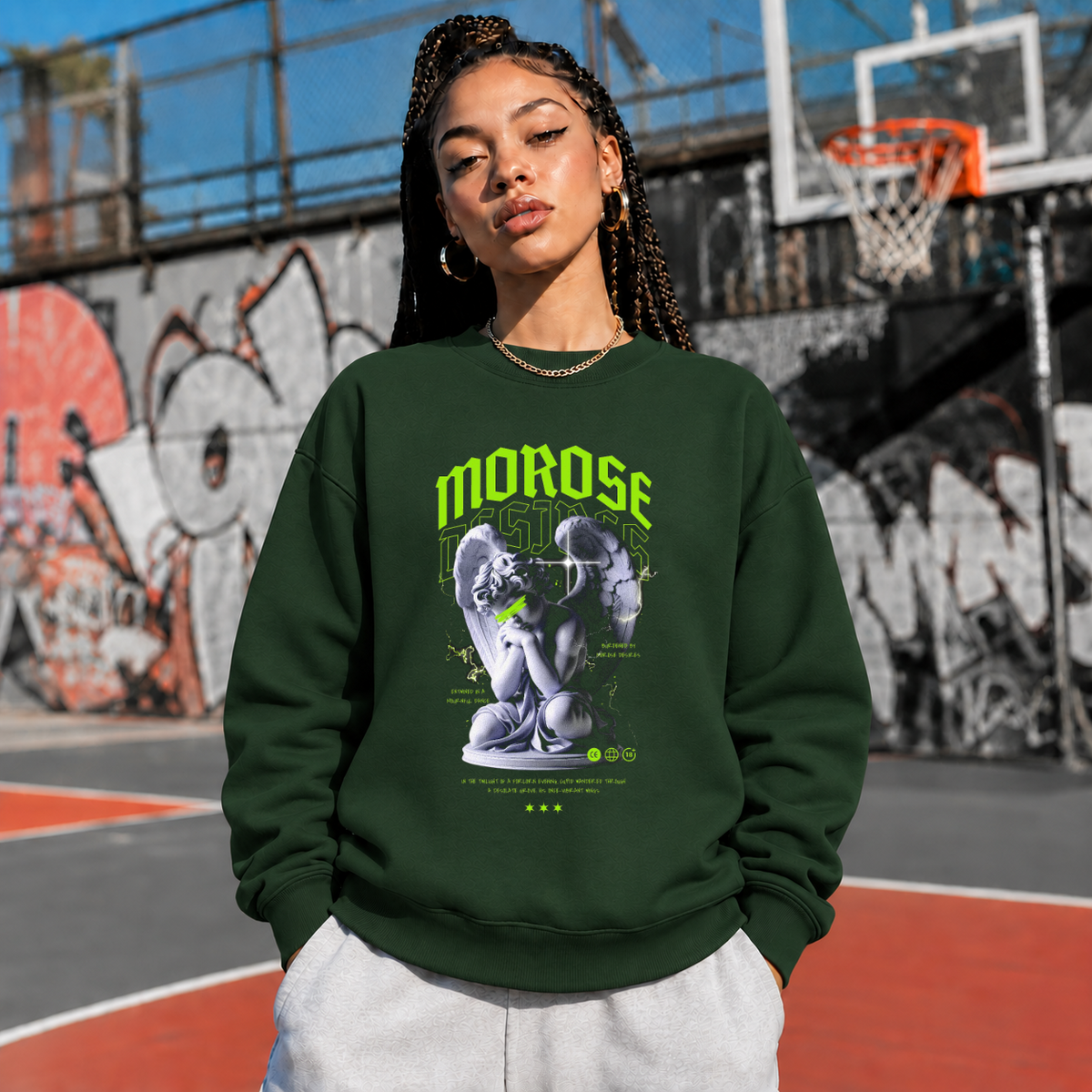 Morose Desires Statue Sweatshirt – Religious Imagery Collage Graphic Sweatshirt - Color: forest green